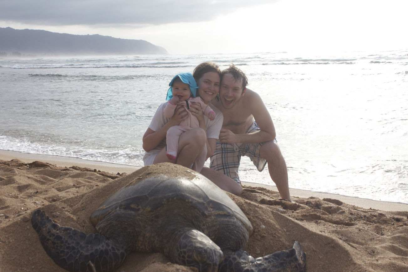 Family posing with a sea turtle in Hawaii