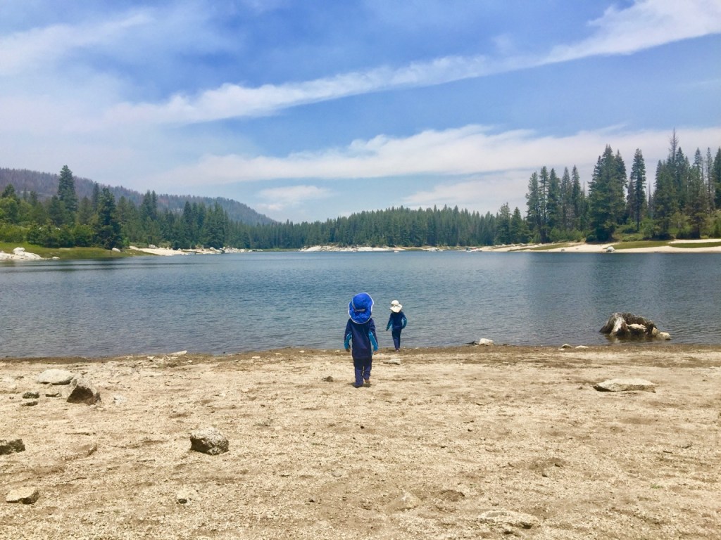 Kids on shore of Shaver Lake